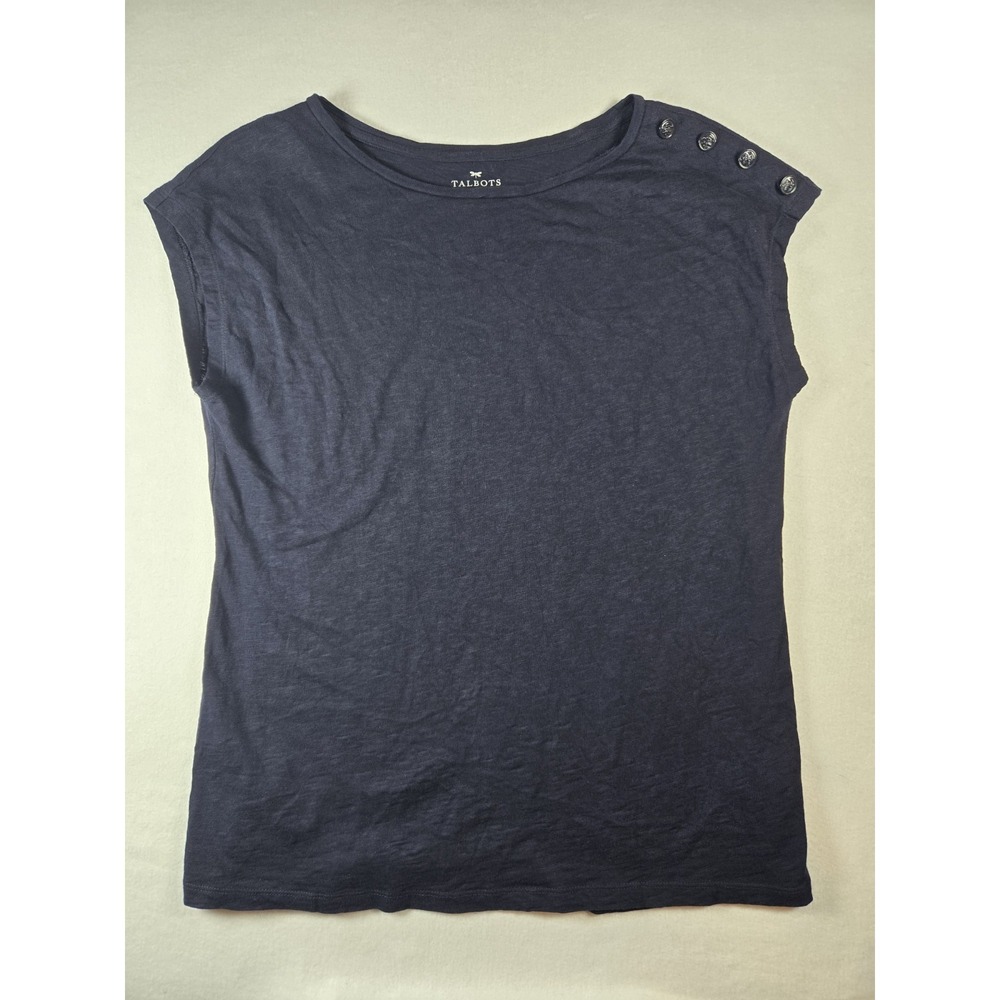 Talbots Navy Cap‎ Sleeve 100% Cotton Top Women's Size M Button Detail On 1 Side